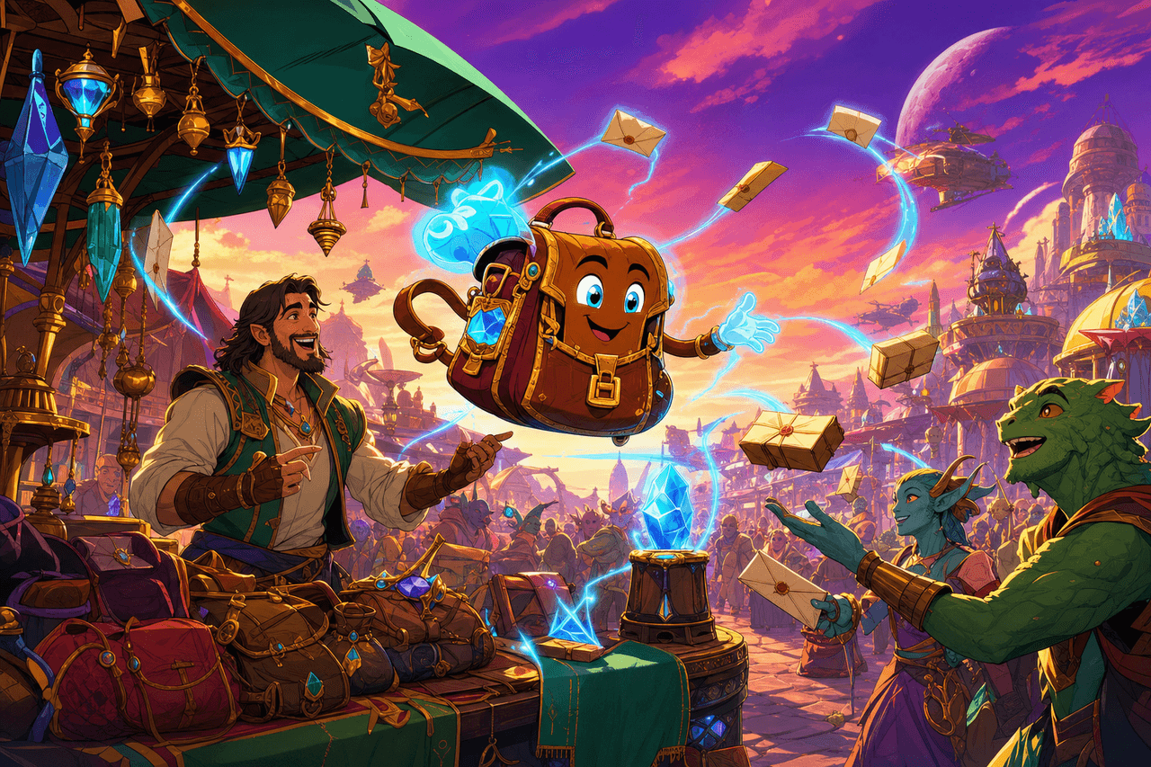 A magical bookbag companion answering customer scrolls at a bazaar