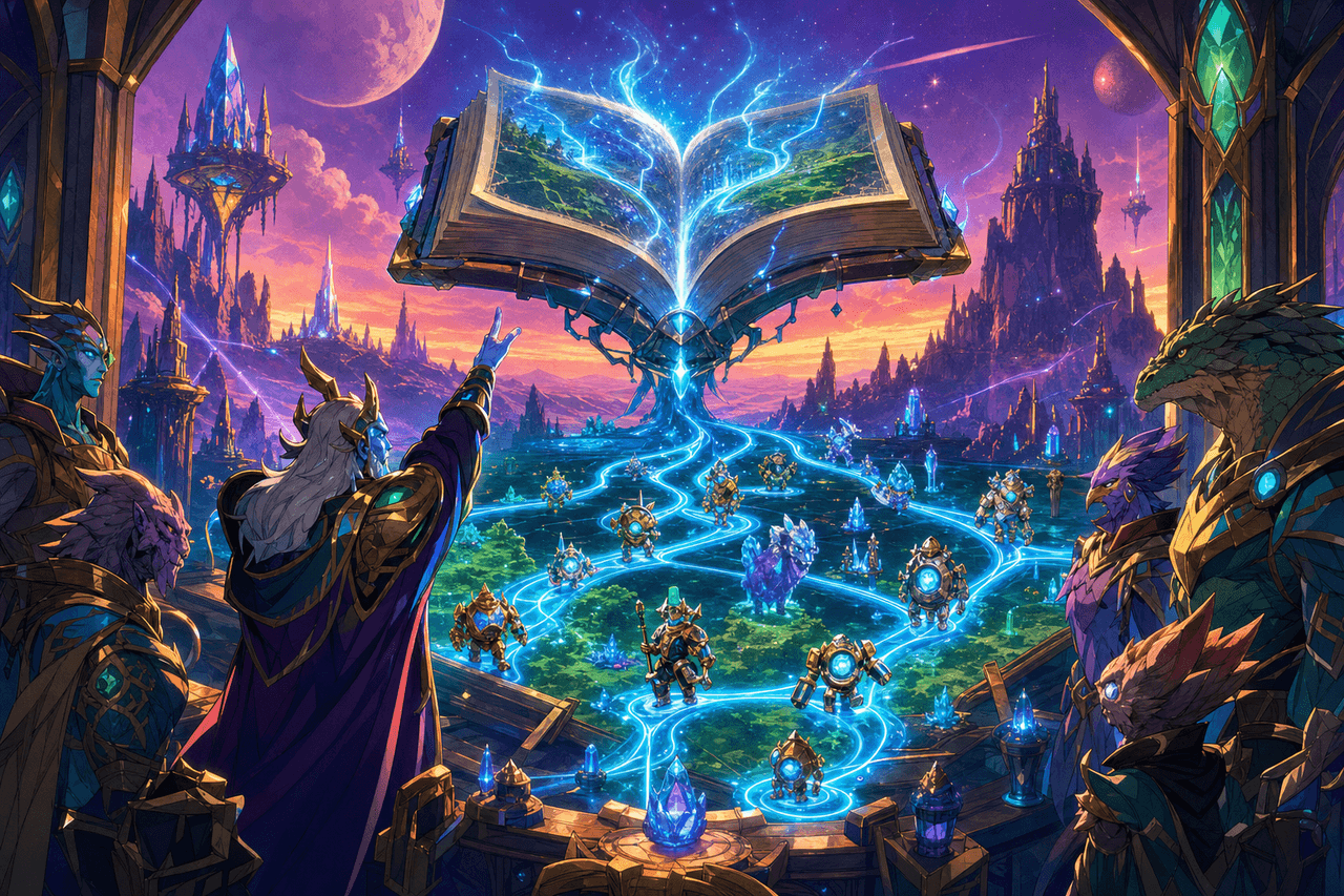 An enchanted open book commanding an army of workflow constructs